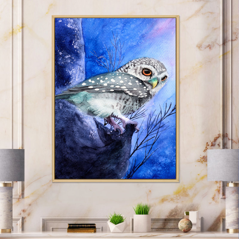 Scène de nuit avec une chouette tachetée - reproduction sur toile, H 20 po x l 12 po, Toile avec cadre en érable
