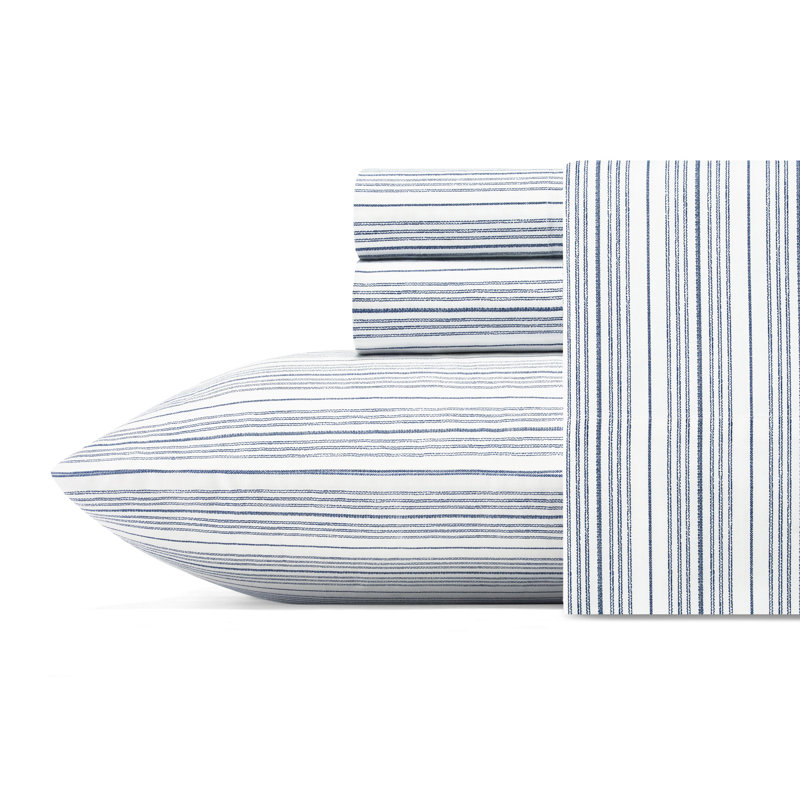 Bradford 200 Thread Count Breathable Cotton Percale Sheet Set, Full Sheet Set with 2 Pillowcases, Beaux Stripe Navy