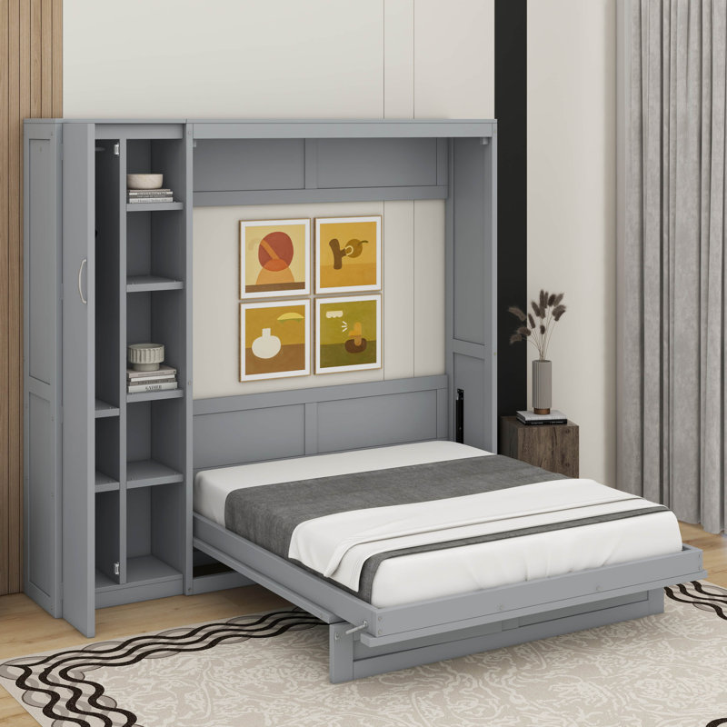 Lit escamotable mural Murphy avec tablettes, garde-robe et DEL, Lit double, Gris