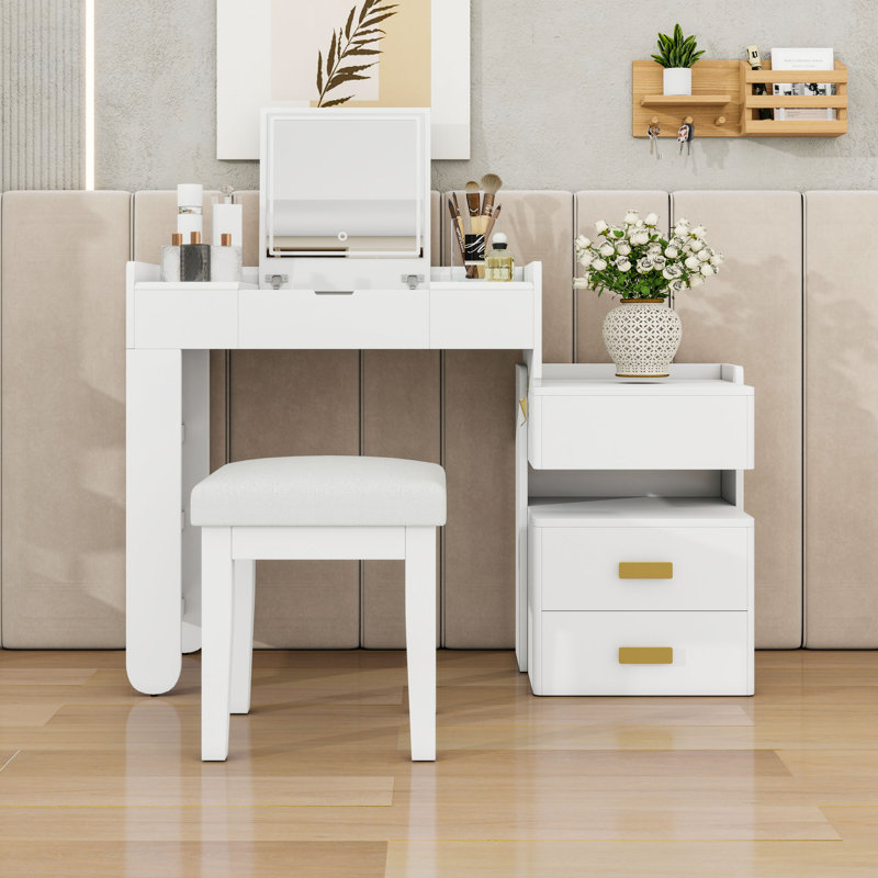 Makeup Vanity Desk with Flip‑Top Mirror, LED Light, Retractable Side Cabinet and Cushioned Stool, White
