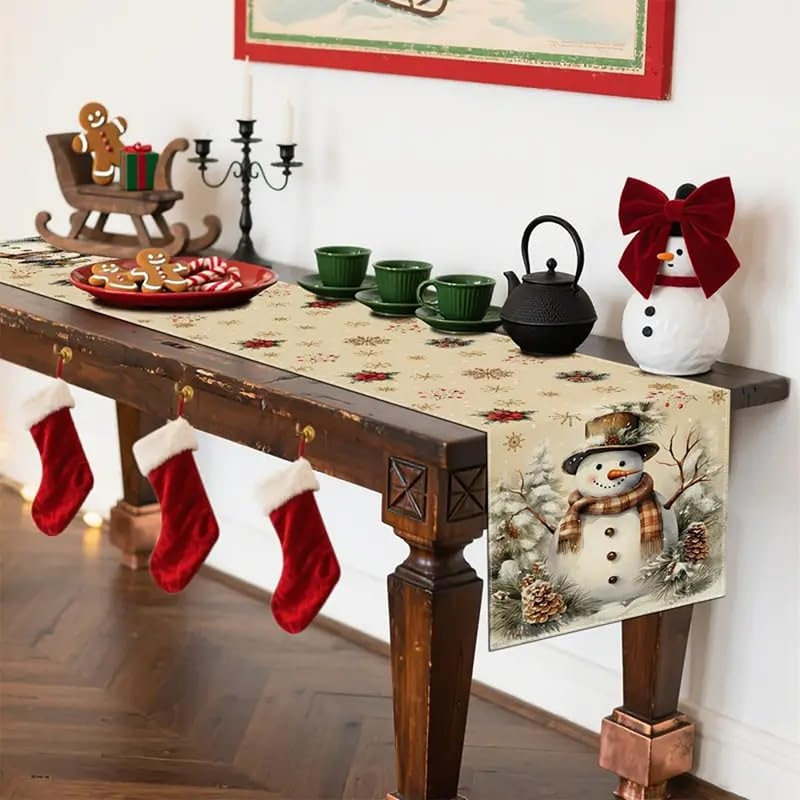 Xmas Snowman Pine Cone Snowflake Table Runner For Holiday Decor Winter Retro Christmas Seasonal Dinning Kitchen Table Decoration For Party Home 13X72 Inch