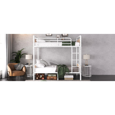 Lit simple superposé au dessus d'un lit simple en métal avec 3 marches, blanc, détachable et convertible, robuste, lit industriel blanc Idéal, chambres de garde-corps, surface lisse, rangement de 8,1 po, poids de 300 lb