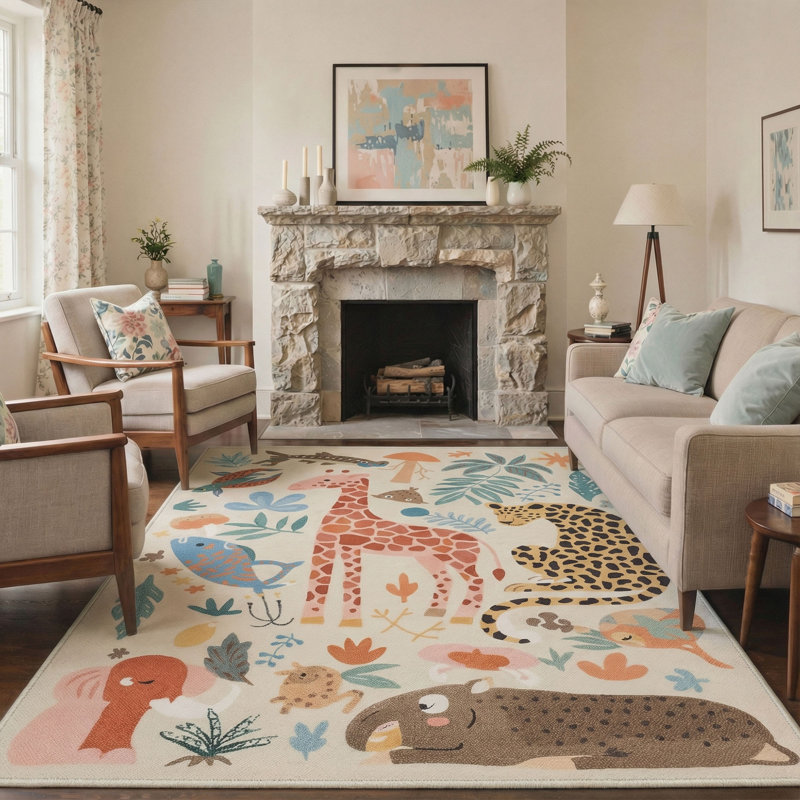 Aarna Safari Jungle Animals & Botanical Adventure Kids Area Rug, Machine Washable, Inspired Faux Wool - High-Rebound Foam & Non-Slip Backing