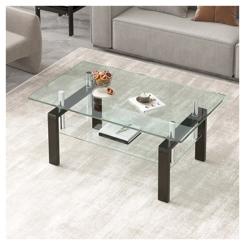 Table basse en verre trempé transparent, 2 couches