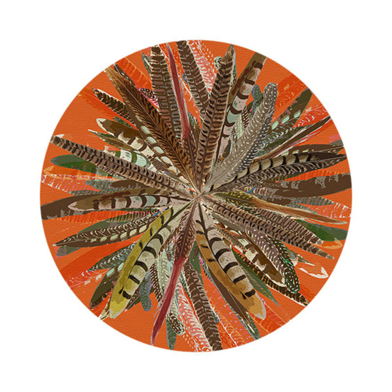 Pheasant Feathers Vegan Leather Round Pebble Placemat, Orange
