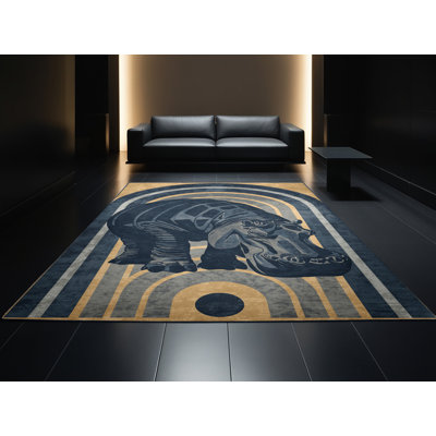 Tapis art déco lavable à la machine Ozain Hippopotamus en gris - reliure marine