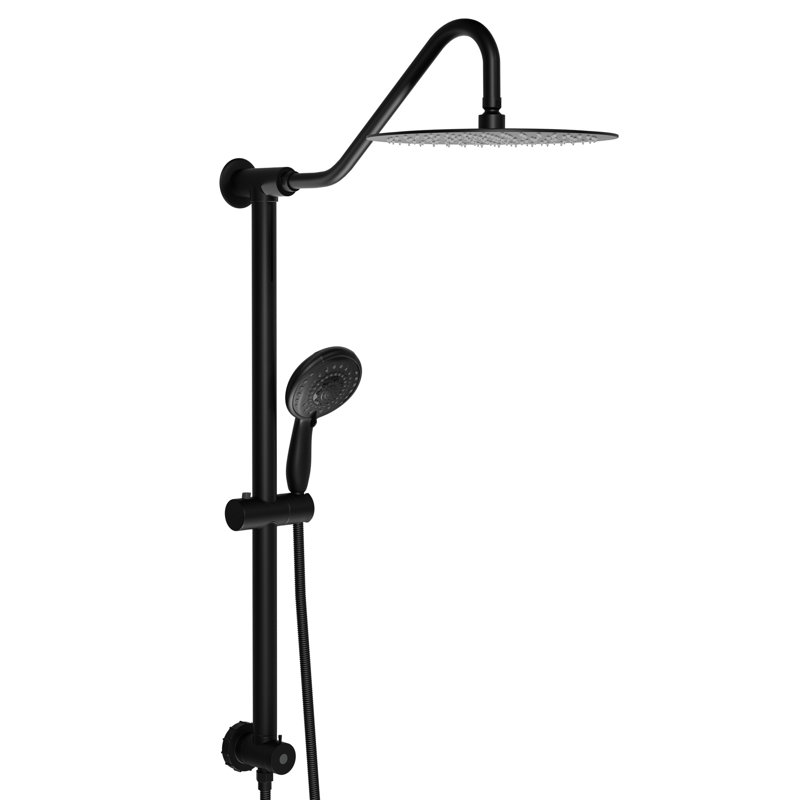 Système de douche à 5 fonctions, noir mat. Tête de 10 pouces et barre coulissante de 26,3 po. Fixation murale, facile à installer. Pluie, massage, modes à bulles. Comprend une tête, un appareil portatif, un tuyau. Buse pour le nettoyage. Aucune trousse de garniture de valve