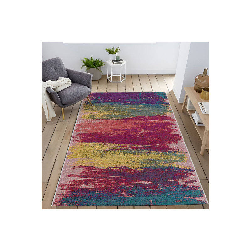 Tapis décoratif multicolore à motif abstrait lavable à la machine, Sous-tapis rectangulaire de 3 pi 3 po x 4 pi 11 po