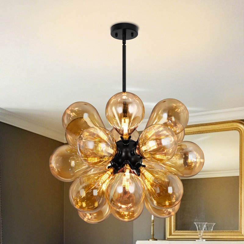 Lustre en verre bullé 18 lumières à intensité variable pour salle à manger Spoutnik, Ambre