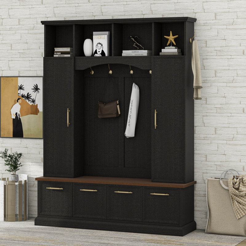 Farmhouse Hall Tree With Golden Hooks & Bench, Adjustable Shelves, Black