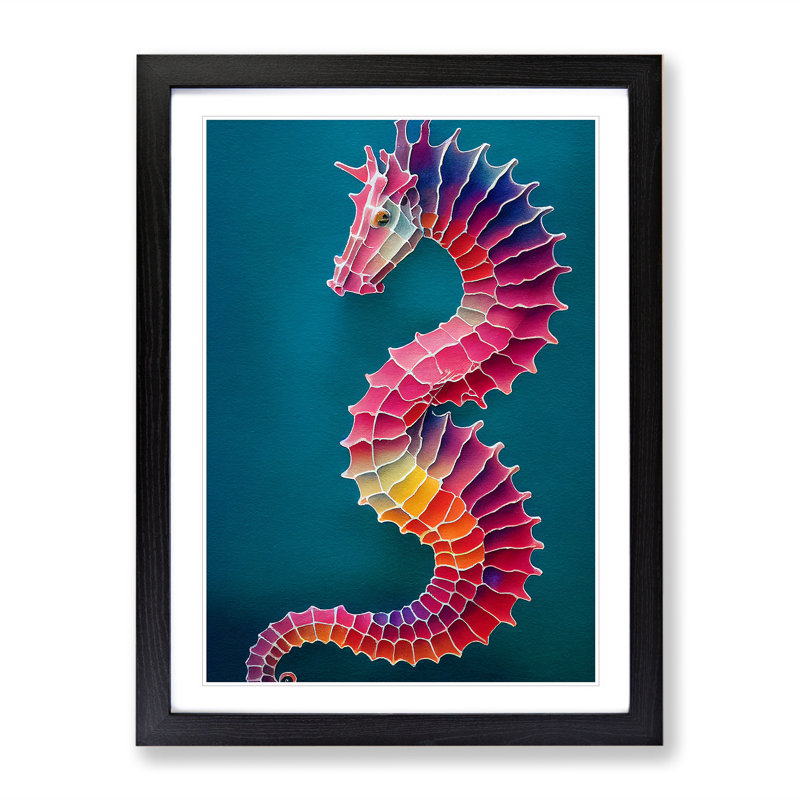 Seahorse In Colour No.2 - Single Picture Frame Painting, 64cm H x 46cm W x 2cm D, Black
