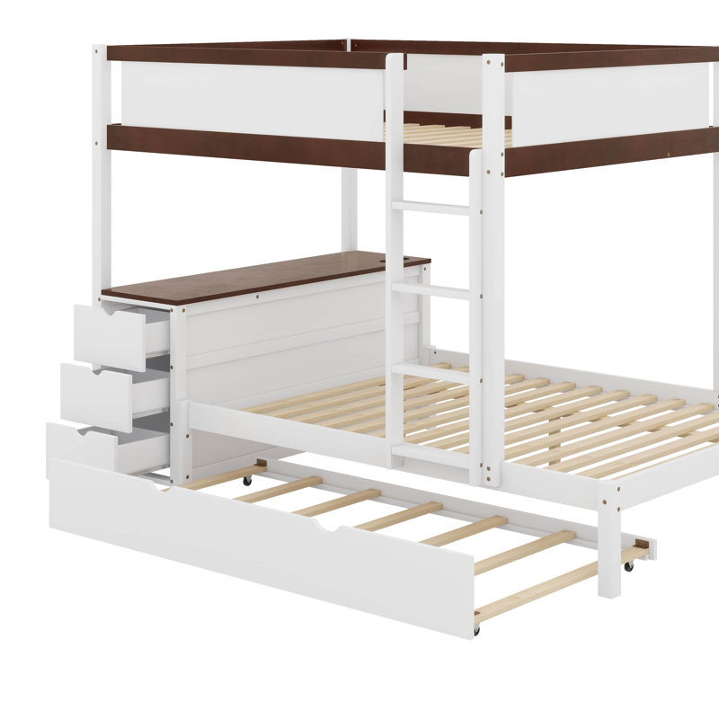 Full-Over-Full Bunk Bed With Twin Size Trundle, Storage And Desk, White/Walnut