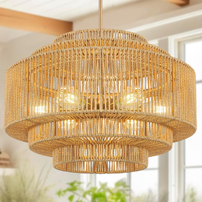 Lustre tambour en rotin de style bohémien tissé à la main à 6 lumières Abilene