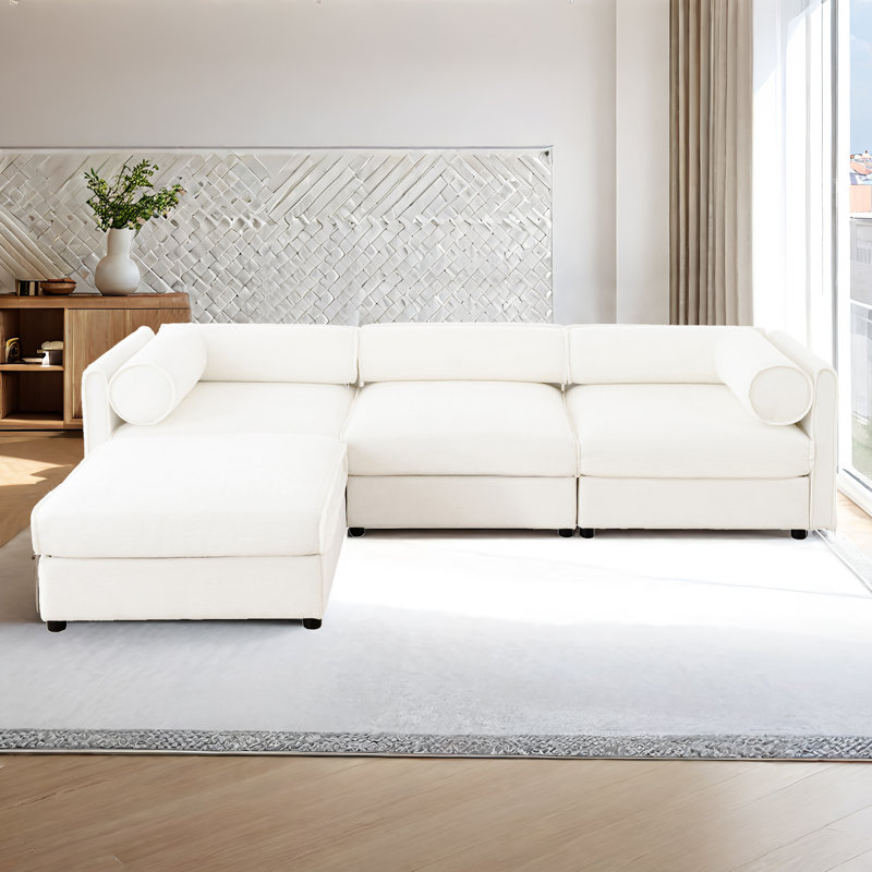 Chenille Sectional Couch With Ottoman L Shapped Sectional Sofa With Storage, White Chenille