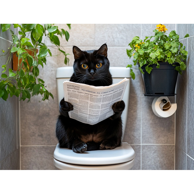«Feline Reader in Green Oasis - Chat humour», art mural pour salle de bain