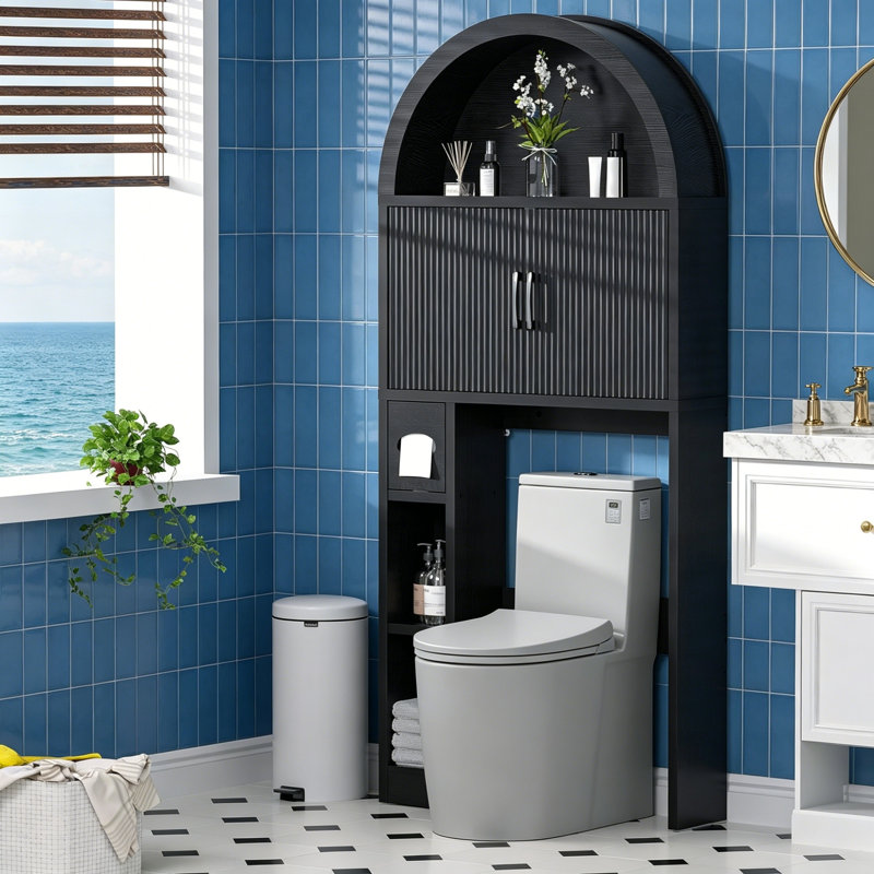 Over Toilet Storage Cabinet, Arched Doors, Adjustable Shelf, Black