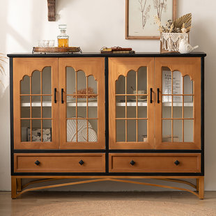 Wabi-Sabi Style Pine Wood Ironwork Glass Cabinet Door Storage Cabinet