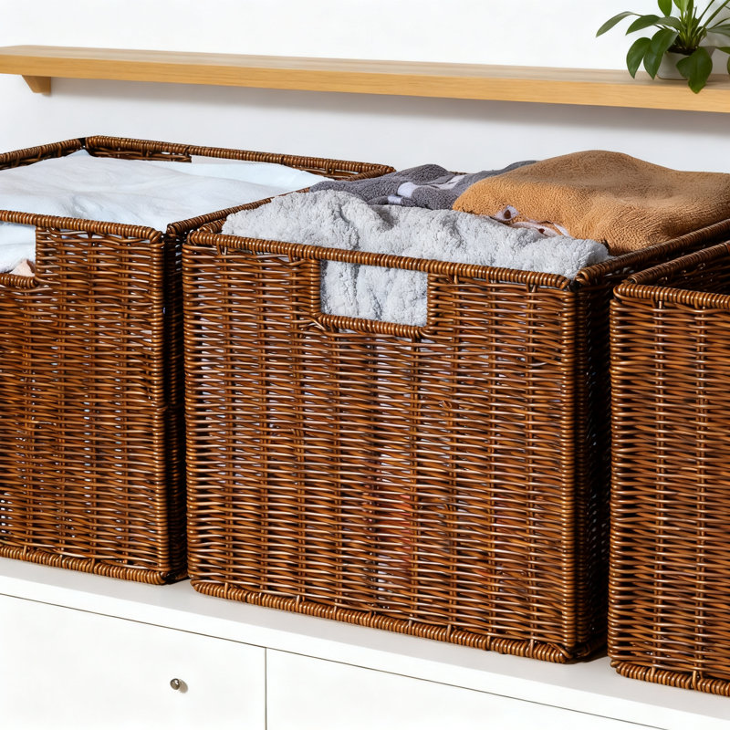 Handwoven Wicker Storage Basket With Handles, Foldable Organization Bin For Shelves, Pantry, Kitchen And Bathroom, Brown