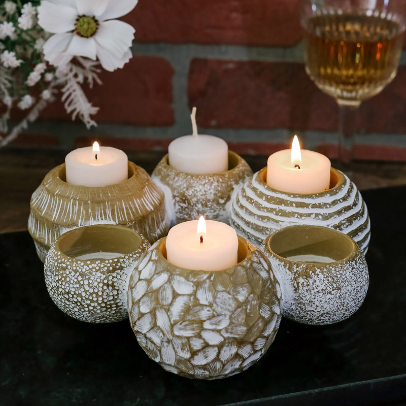  6 décorations de table pour bougeoir en forme de boule dorée, 2 bougies chauffe-plat 2-en-1 d'un côté / bougeoirs effilés de l'autre côté, décoration de table de salon rustique