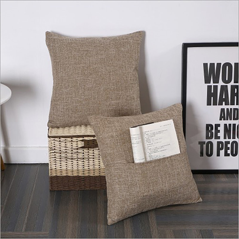 Set of 2 Throw Pillow Full Set with Insert – 18"x18"functional side magazine pocket , 18"H x 18"W, Beige, Polyester