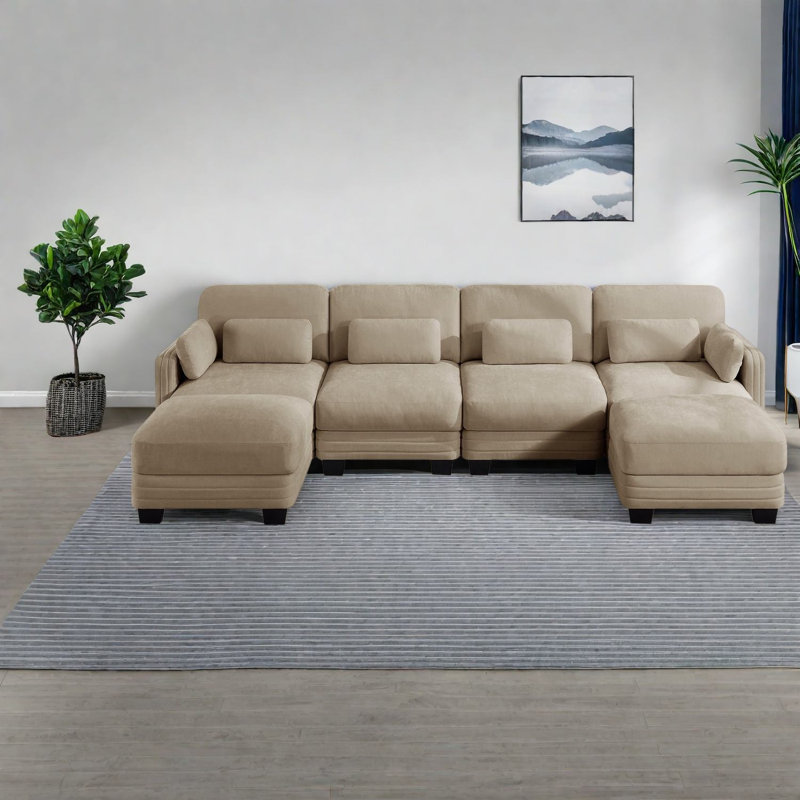 Canapé d'angle modulaire 4 places en chenille camel pour salon moderne