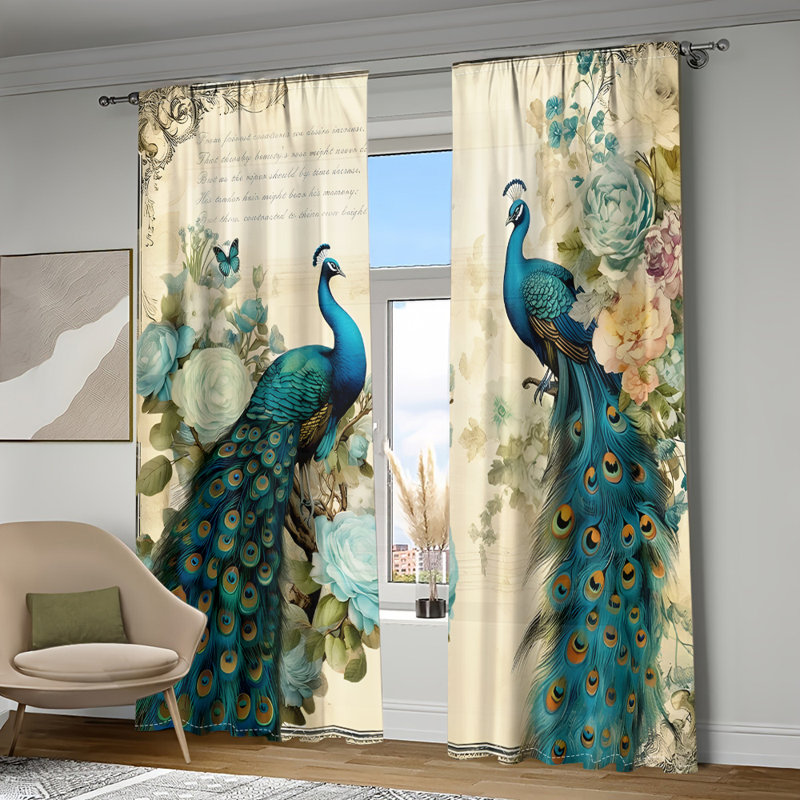 2Pcs Peacock Floral Window Curtains Vintage Botanical Print Rod Pocket Drapes Vibrant Turquoise Bird Pattern Elegant Home Decor Light Filtering Curtain Panels for Living Room Bedroom Dining