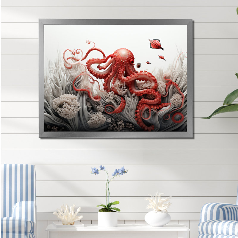 Impression sur toile monochrome corail et pieuvre grise I, Cadre simple argenté, H 24 po x l 32 po x P 1 po