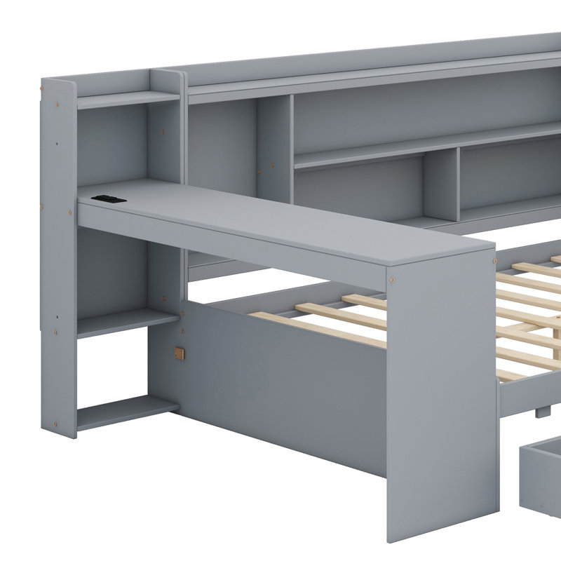 Lit de jour avec 3 tiroirs, ports USB et bureau, Grey