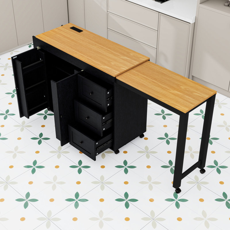 Chariot roulant pour îlot de cuisine avec table extensible, 3 tiroirs, armoire de rangement et prise de courant, Noir