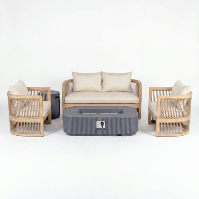 Brecht Outdoor 4-Person Acacia Wood Conversation Set With MGO Fire Pit, Tank Holder & Cushions