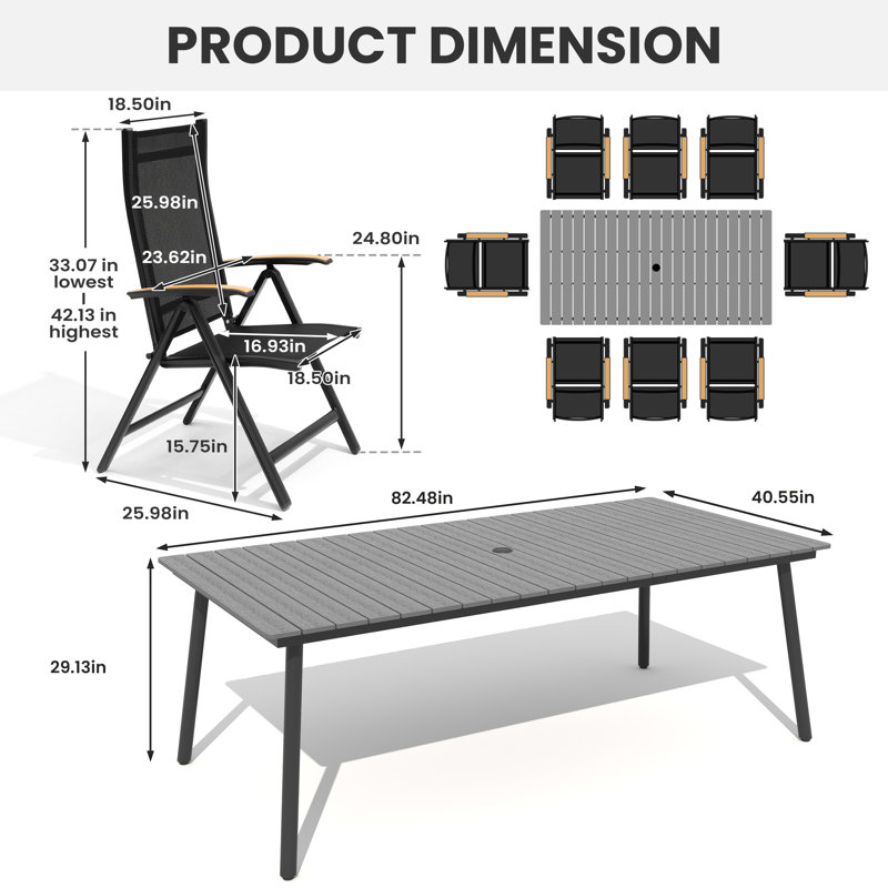 8-Person Outdoor Dining Set with Aluminum Frame  and Folded Reclining Armchairs, Gray