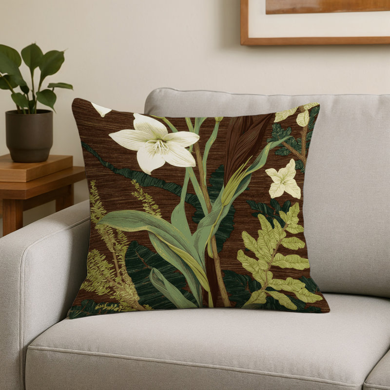 Coussin décoratif intérieur et extérieur ArtDeco, Carré 18 po, Brun floral 192