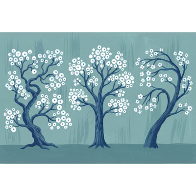 Papier peint stylisé avec fleurs blanches et bleu sarcelle sur fond bleu