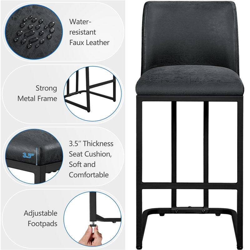 Bocicault Upholstered Faux Leather Counter Bar Stool with Metal Frame, Dark Gray