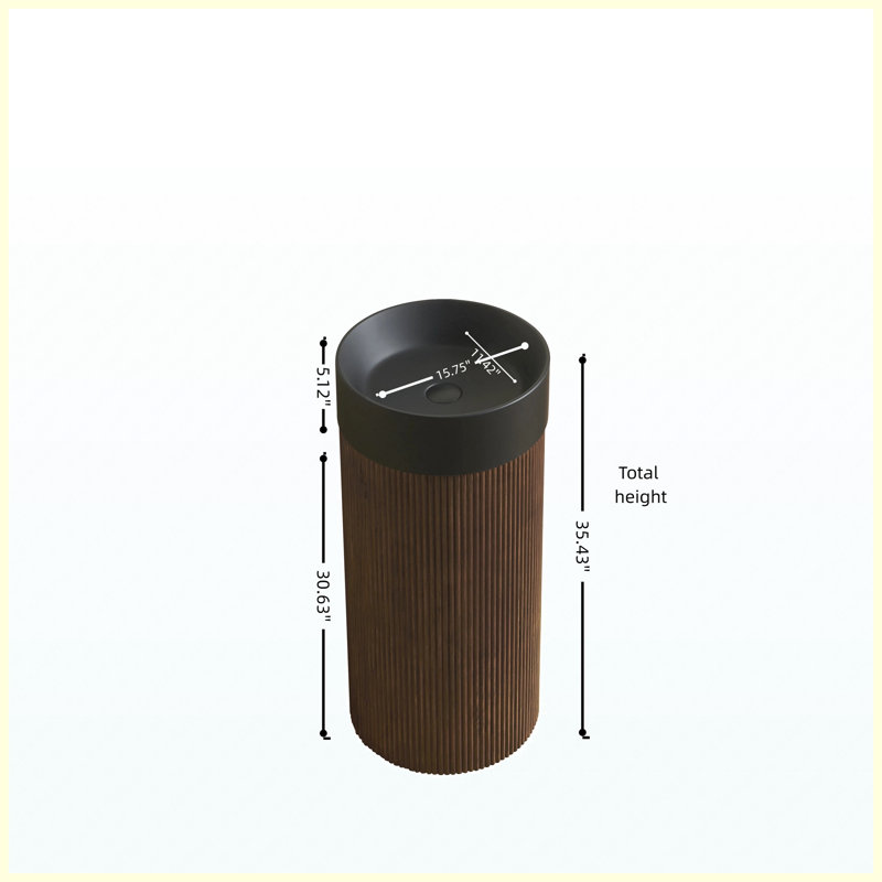 Meuble-lavabo autoportant cylindrique en grain de bois 16 po noyer, lavabo à surface solide ronde noire avec trou pour robinet, sans robinet / ensemble de bonde inclus