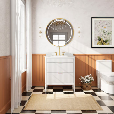 Meuble-lavabo autoportant de 30 po entièrement assemblé avec structure en bois massif et plateau en marbre d'ingénierie