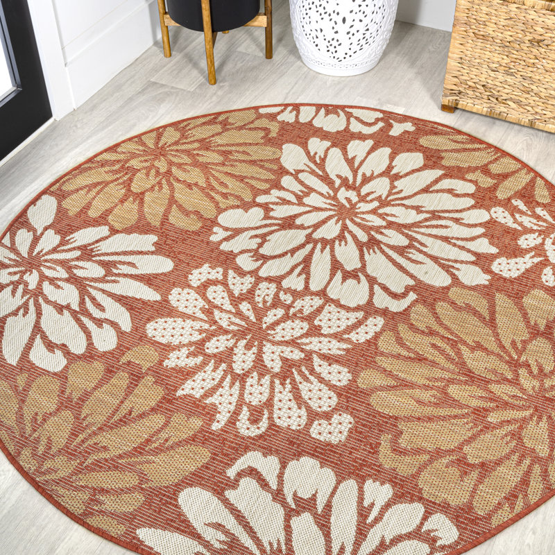 Zinnia Modern Floral Textured Weave Orange/Cream Indoor/Outdoor Rug, Round 5'3"