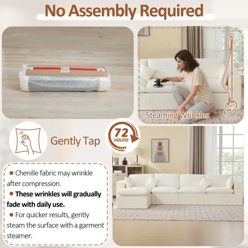 Compression Sectional Couch with Ottoman, 5, Beige Chenille