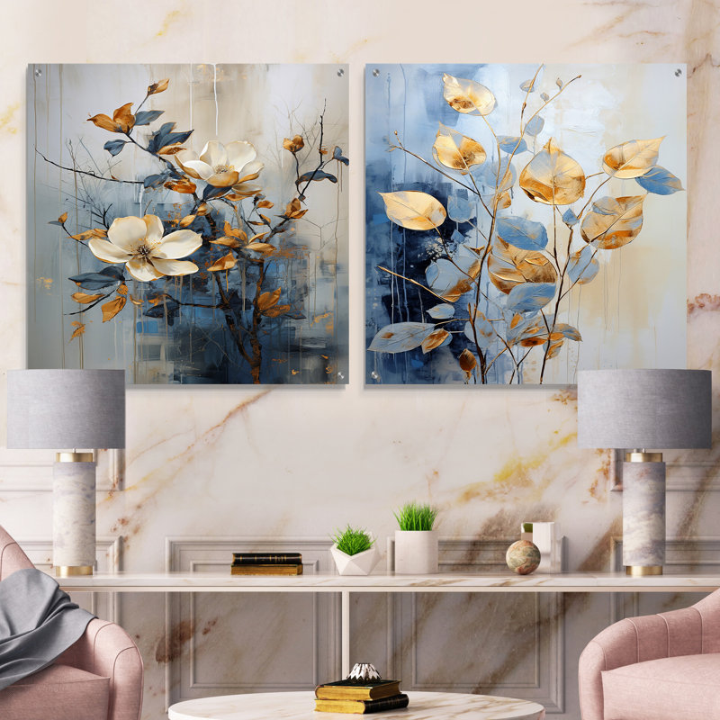 Ensemble de 2 fleurs murales en acrylique beige et bleu, H 16 po x l 33 po