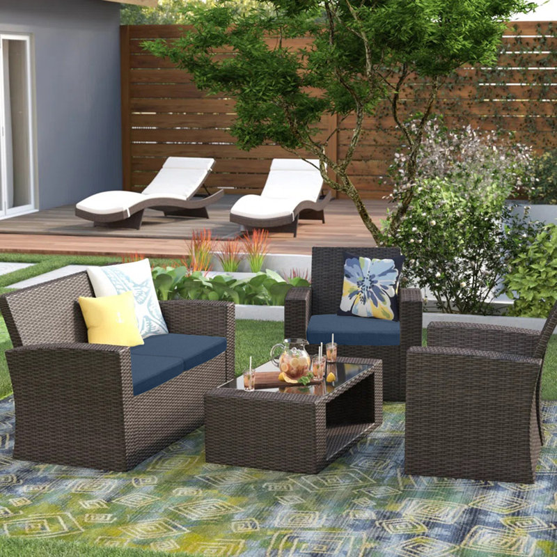 Ensemble de conversation en osier / rotin pour 4 personnes avec coussins Delano, Bleu marine Performance, Chocolat