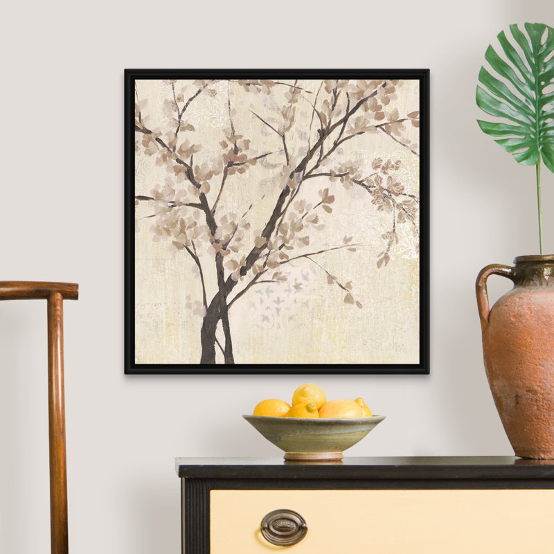 «Neutral Blossoms on Cream II», reproduction d'impression sur toile, Cadre flottant noir, H 25,7 po x l 25,7 po x P 1,75 po