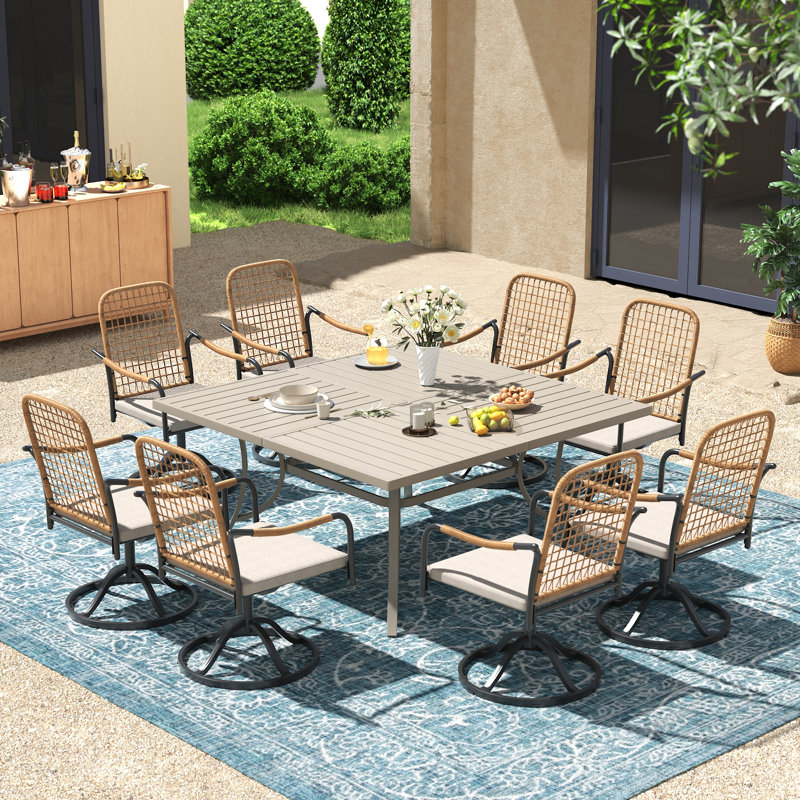 8-Person 59" Square Outdoor Dining Set With Cushioned Swivel Woven Rattan Chairs, Beige