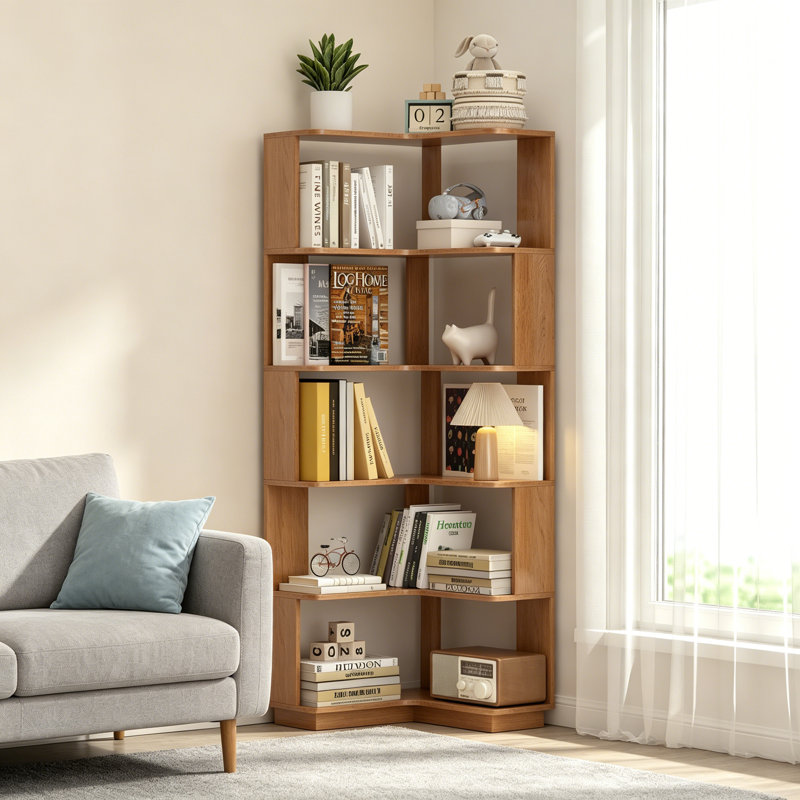 6 Tier Freestanding L-Shaped Corner Bookshelf For Living Room, Bedroom, Wooden Bookcase With Anti-Drop Panle And Anti Tipping Device, Display Shelf Open Storage Rack Organizer For Home Office DARK OAK