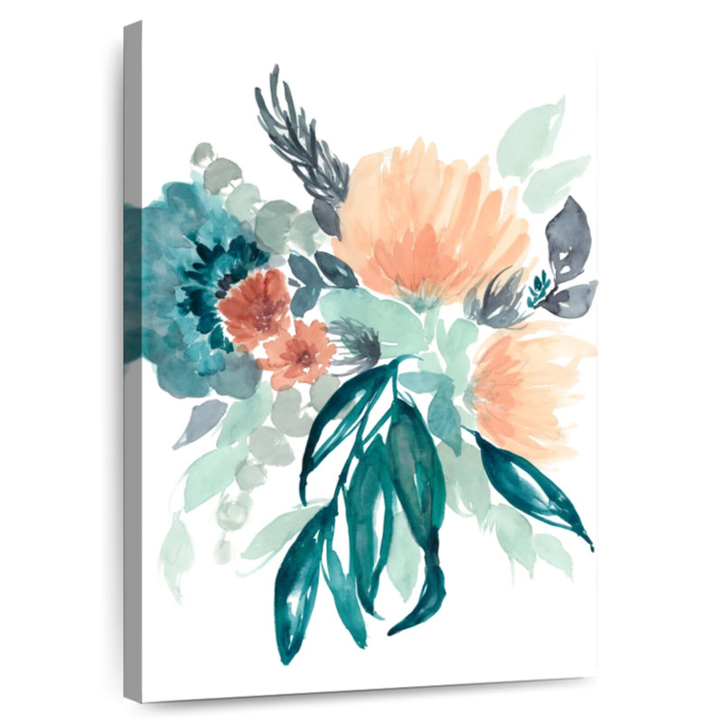 Bouquet Harnek bleu sarcelle et pêche I, H 36 po x l 24 po
