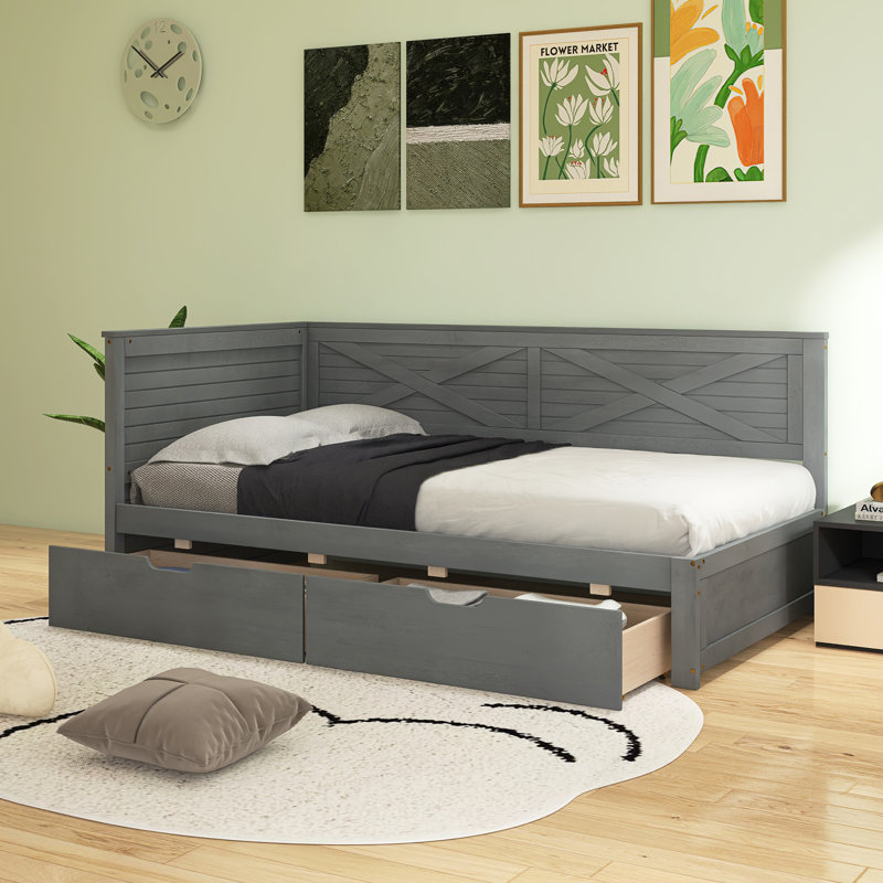Lit de jour simple en bois avec 2 tiroirs et garde-corps rustique, Gris