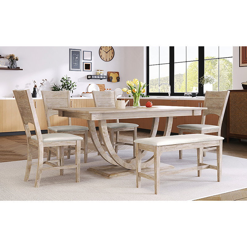 Ensemble de table de salle à manger en bois demi-rond avec long banc et 4 chaises, Bois naturel