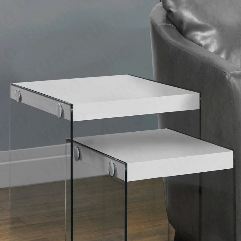Ensemble de 2 tables gigognes en stratifié blanc brillant et verre trempé