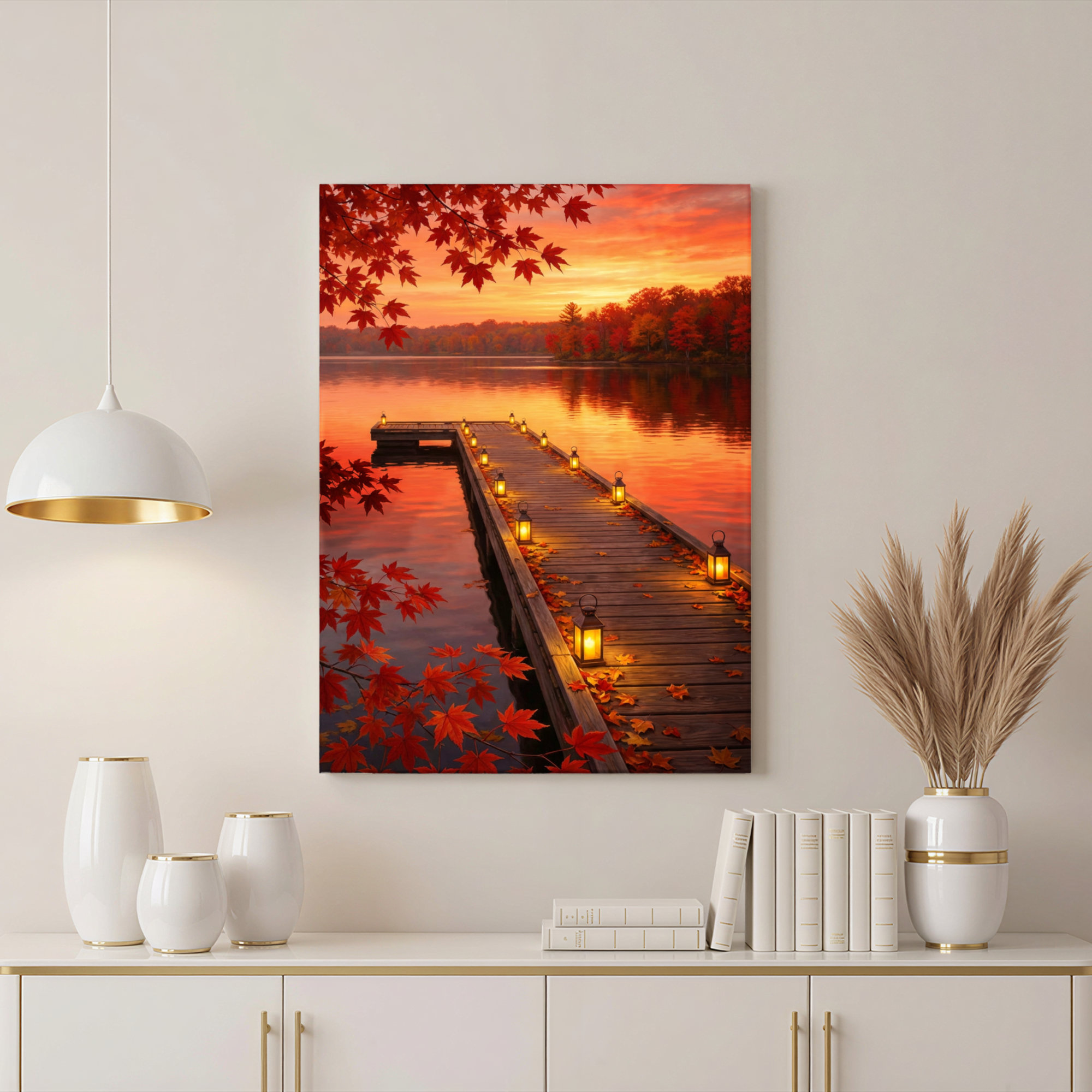 Winston Porter Autumn Lake Dock With Lanterns Canvas Wrapped Wall Art ...