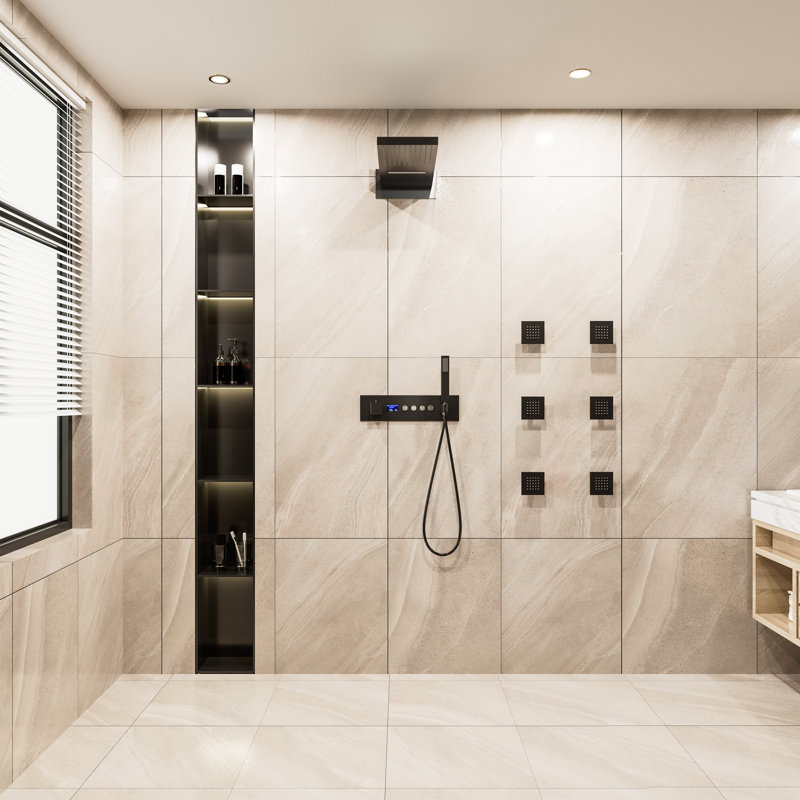 Système de douche complet thermostatique mural avec affichage numérique et jets corporels