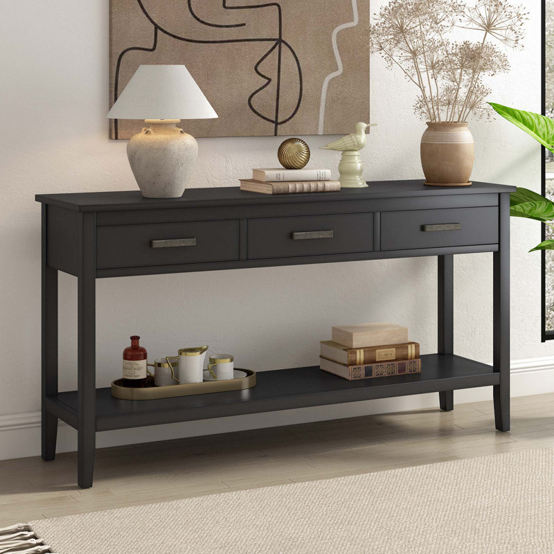 Modern 3-Drawer Console Table with Storage Shelf, Black